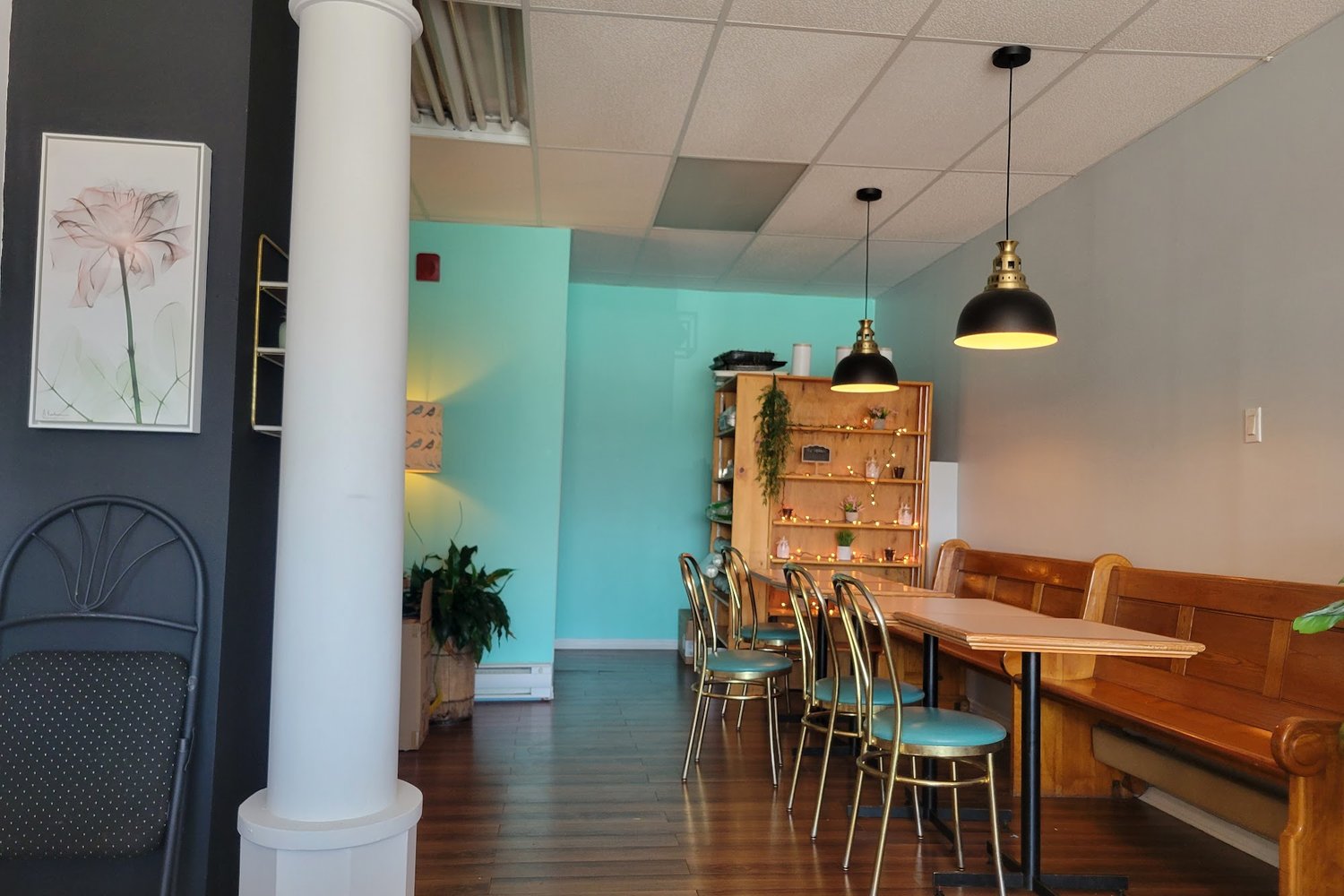 La salle du Rose-Barista : murs turquoise, banquette de bois et grandes fenêtres sur l'avenue