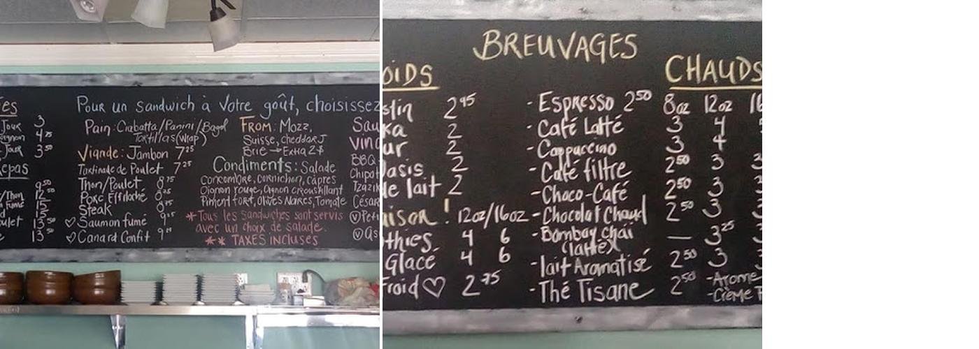 Les deux tableaux noirs du comptoir : les sandwichs à gauche, les breuvages à droite